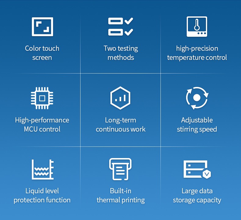 Core feature icons of kinematic viscosity tester including touchscreen precision control and MCU architecture